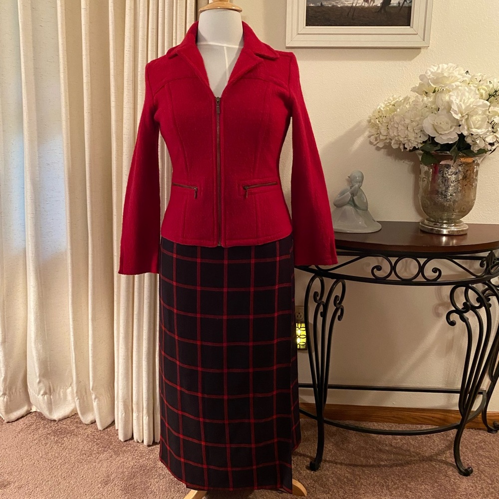 Long black & red plaid wrap skirt